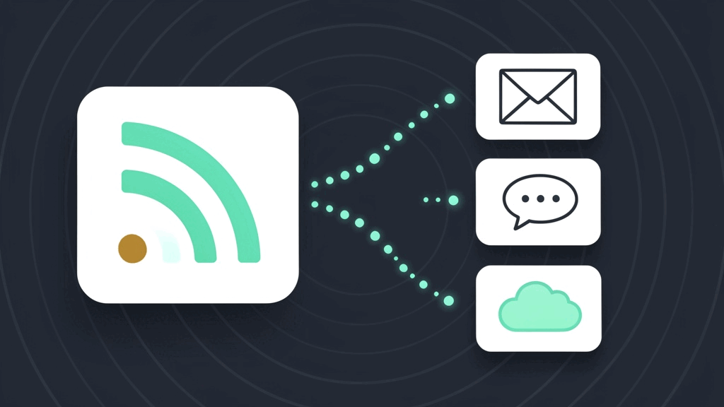 Illustration: a feed card relaying posts to email, social media, and cloud destinations